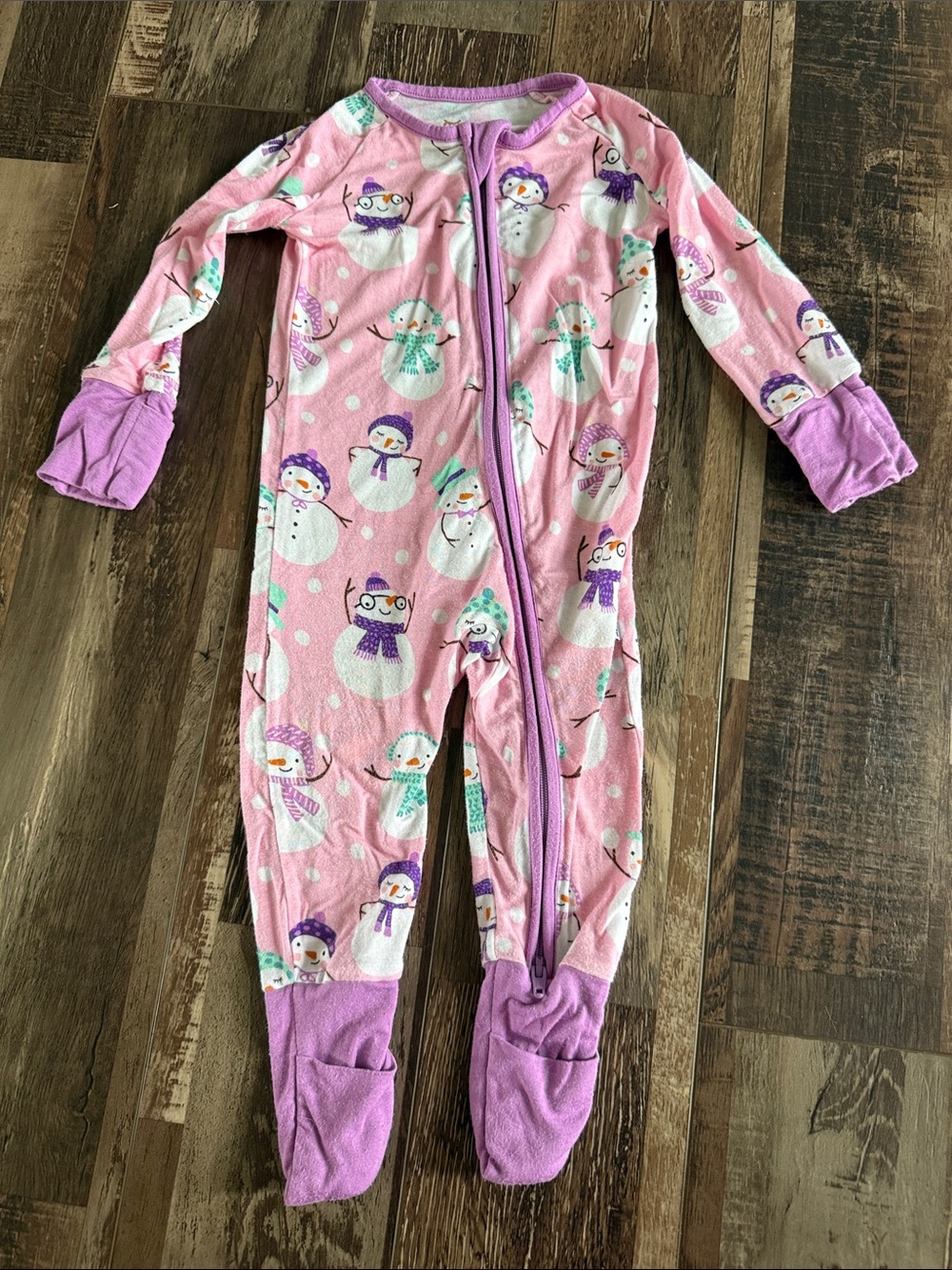 Little Sleepies Pink Snowman Footed One-Piece‎ Pajama with Purple Trim